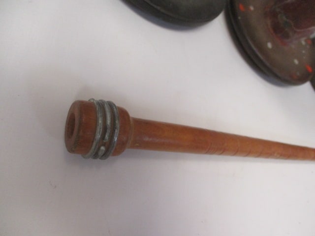 Four Vintage Wooden Textile Mill Spools and Bobbin Candle Snuffer - 3