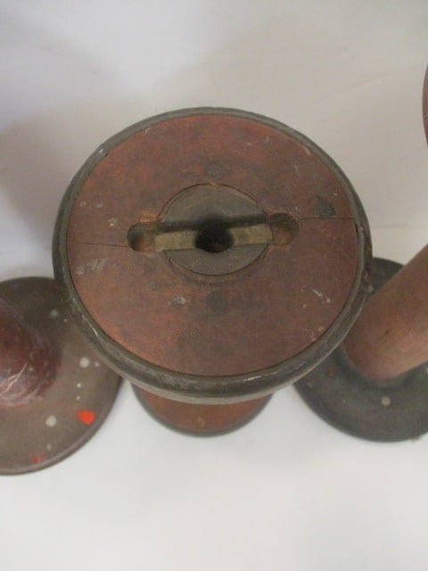 Four Vintage Wooden Textile Mill Spools and Bobbin Candle Snuffer - 7