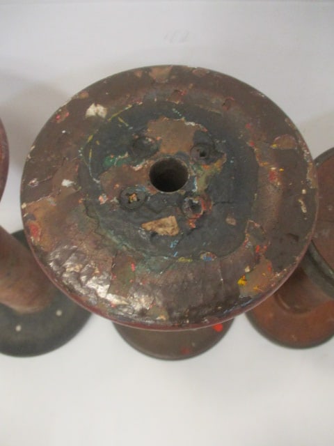 Four Vintage Wooden Textile Mill Spools and Bobbin Candle Snuffer - 9