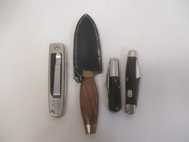 Three Folding Pocket Knives and One Fixed Blade Knife with Leather Sheath: .
