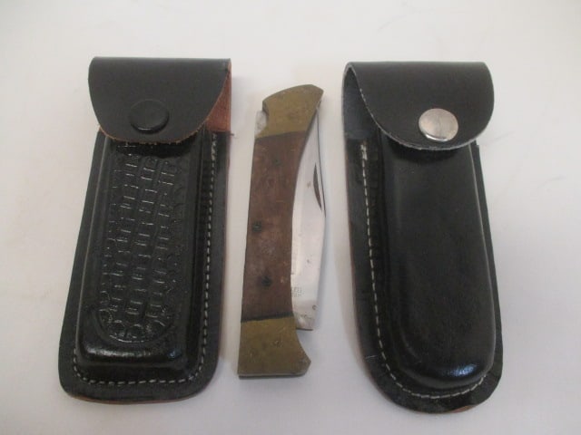 Three Pakistan Folding Knives-Two Have Leather Sheaths: .