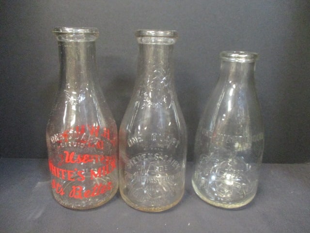 Three Old Glass Milk Quart Bottles: .