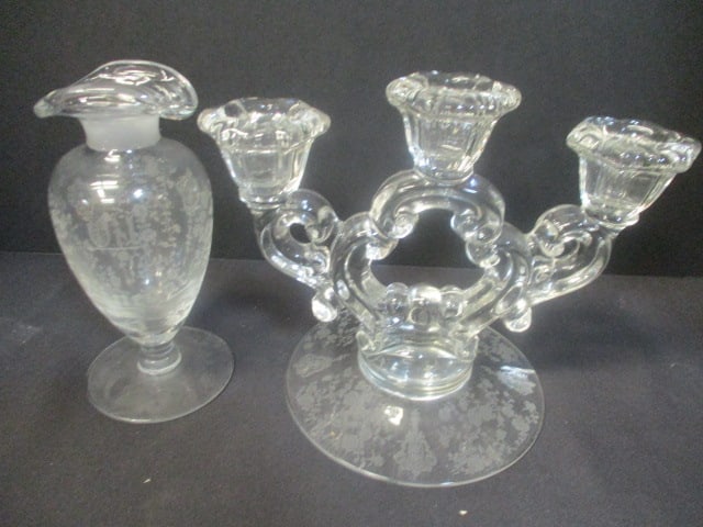 Elegant Glass Triple Candelabra and Footed Bottle: Candelabra 6 1/2"h, Bottle 6 1/4"h(does not have stopper)