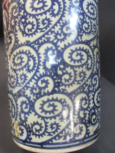 Tall Pottery Vase with Blue Paisley Designs - 3