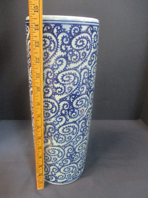 Tall Pottery Vase with Blue Paisley Designs - 4