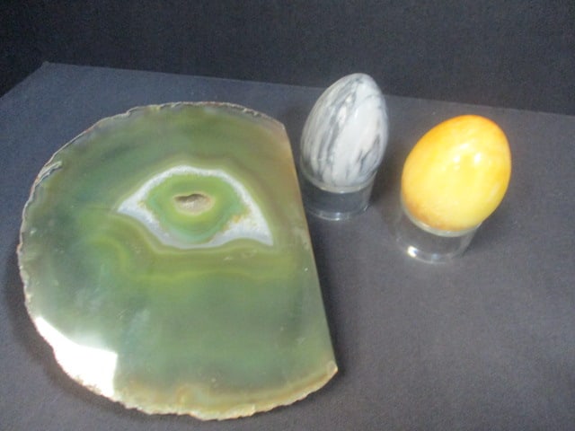 Geode Slab Paperweight and Two Polished Stone Eggs (1 of 7)