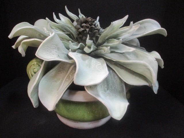 Glazed Pottery Handled Planter with Artificial Succulent (1 of 4)