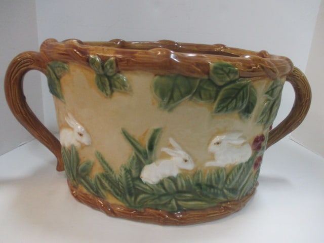 Large Handpainted Ceramic Handle Planter with Rabbits in Relief: 20" handle to handle, 9"h