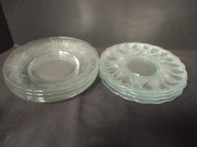 5 Vintage Etched Flowers and 4 Pressed Hearts Glass Plates: 8" each