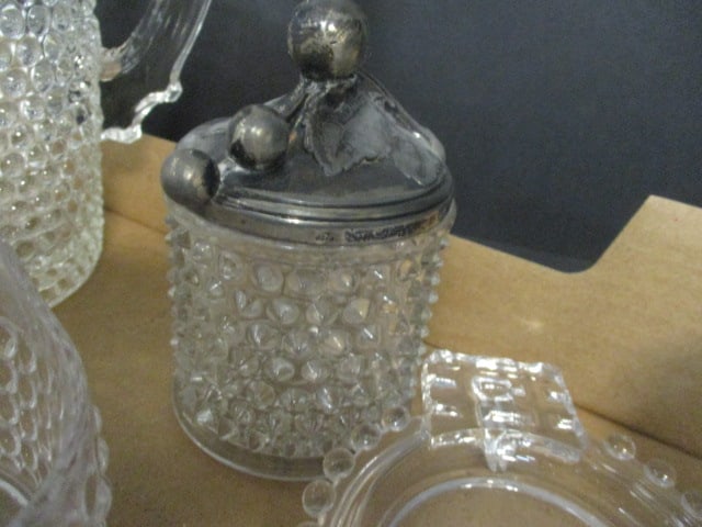 Collection of Vintage Hobnail Glass Sugar, Creamer, Pitcher, Glasses, and Dishes - 4