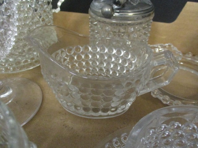 Collection of Vintage Hobnail Glass Sugar, Creamer, Pitcher, Glasses, and Dishes - 5