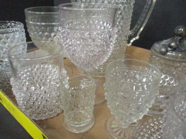 Collection of Vintage Hobnail Glass Sugar, Creamer, Pitcher, Glasses, and Dishes - 6