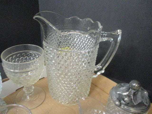 Collection of Vintage Hobnail Glass Sugar, Creamer, Pitcher, Glasses, and Dishes - 8