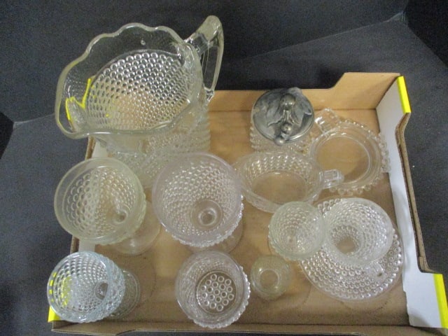 Collection of Vintage Hobnail Glass Sugar, Creamer, Pitcher, Glasses, and Dishes - 9