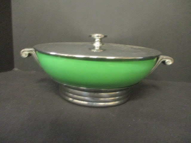Art Deco Manning Bowman Ceramic Green Bowl with Stainless Lid and Holder: 12" x 5"