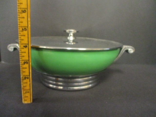 Art Deco Manning Bowman Ceramic Green Bowl with Stainless Lid and Holder - 6