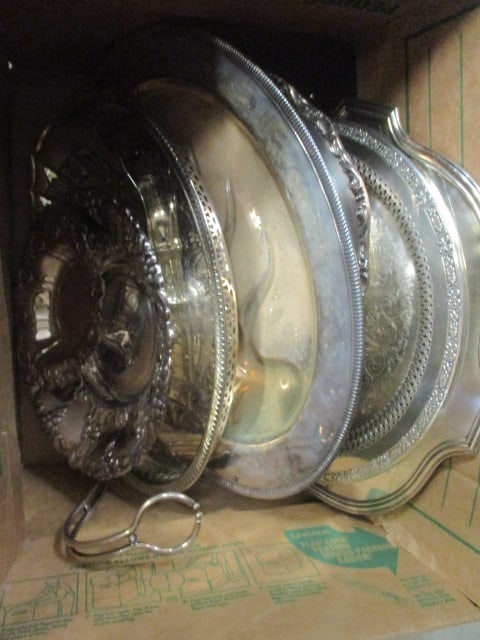 Lot of Silverplated Trays, Casserole Holders, Wine Bottle Holder, and Dishes: see pictures and preview for selection and condition