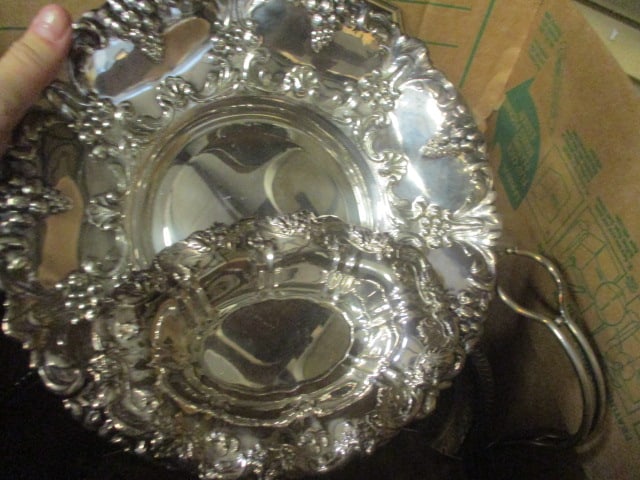 Lot of Silverplated Trays, Casserole Holders, Wine Bottle Holder, and Dishes - 2