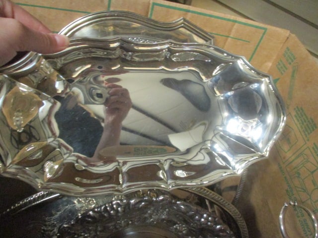 Lot of Silverplated Trays, Casserole Holders, Wine Bottle Holder, and Dishes - 3