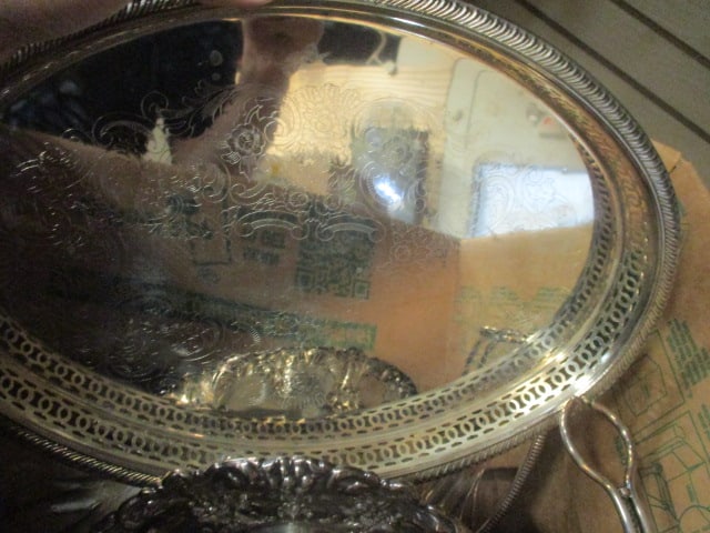 Lot of Silverplated Trays, Casserole Holders, Wine Bottle Holder, and Dishes - 4