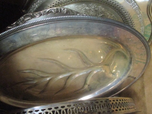 Lot of Silverplated Trays, Casserole Holders, Wine Bottle Holder, and Dishes - 5