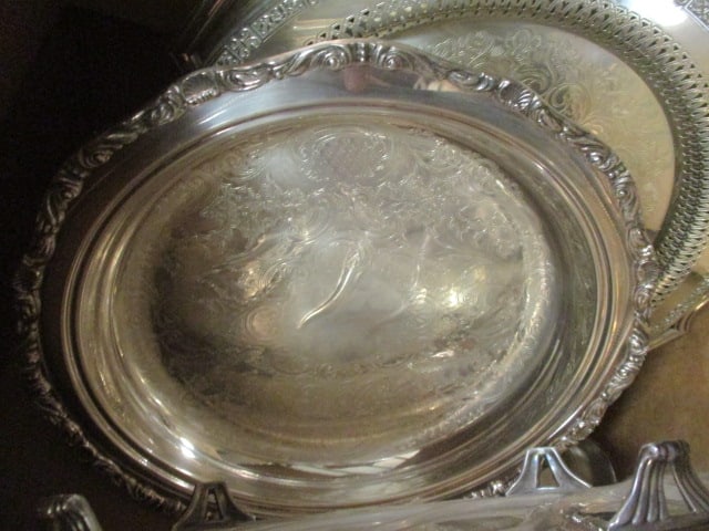 Lot of Silverplated Trays, Casserole Holders, Wine Bottle Holder, and Dishes - 6