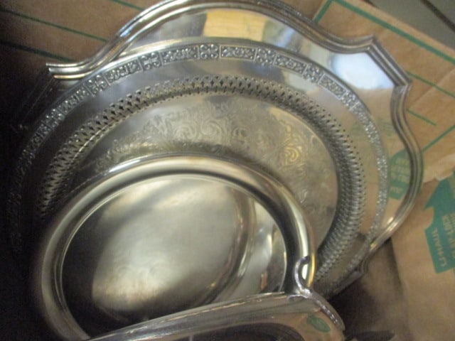 Lot of Silverplated Trays, Casserole Holders, Wine Bottle Holder, and Dishes - 7