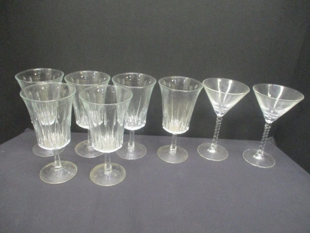 Set of 6 Luminarc "Regence" Crystal Stem Glasses and 2 Luminarc Twisted: Spiral Stem Martini Glasses, (2) 6 1/2" and (6) 6 3/4"