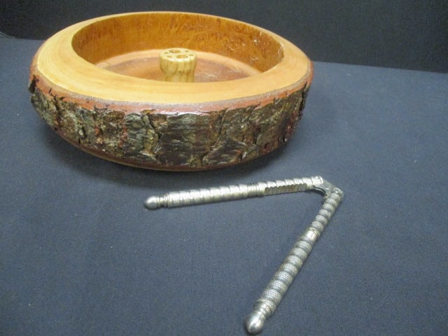 Mid Century Modern Rustic Live Edge Nut Bowl with Metal Nutcracker: 8 1/2" x 3"