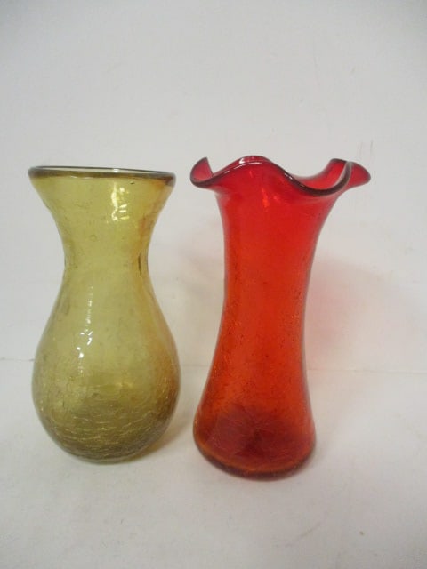 2 Crackle Glass Vases: 5" and 5 1/2"