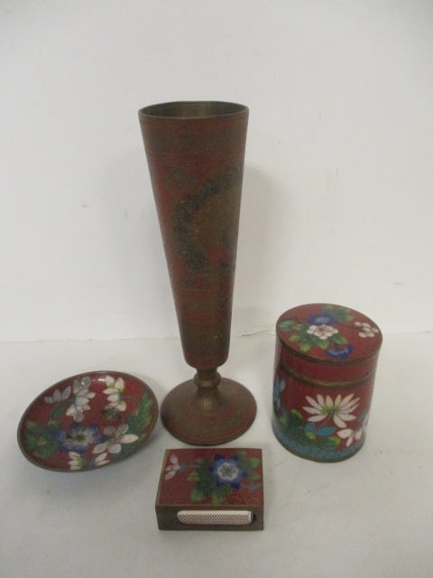 Vintage Cloisonne Cigarette Box, Matchbox Cover, and Ashtray Set and Brass (1 of 10)