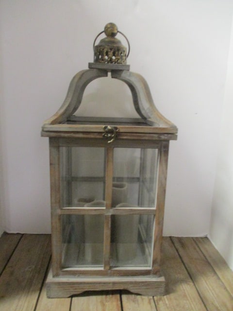 Weathered Wood and Glass Lantern with 4 Flameless Candles: 9 1/2" x 9 1/2" x 22"