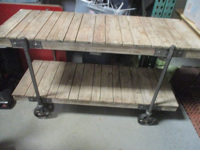Industrial Rustic Weathered Wood and Metal 2 Tier Console Table: 50" x 20" x 29 1/2", Local Pickup Only