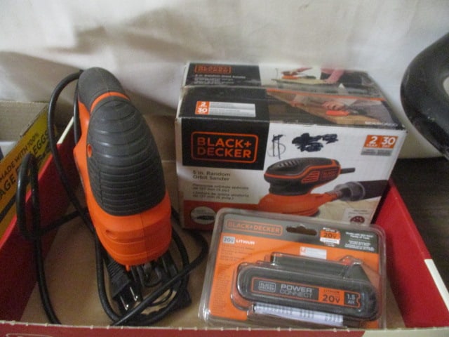 Black + Decker Tool Lot - New Old Stock 5" Random Orbit Sander, 20v Lithium: Battery, and Type 2 3/4" Jigsaw