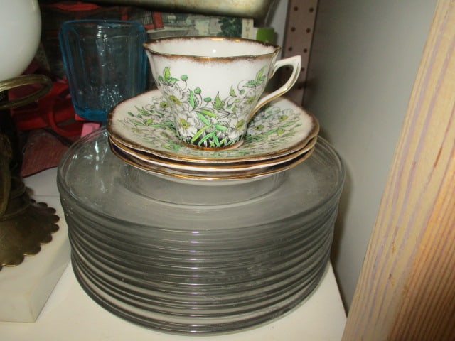 Shelf Lot - Porcelain Electrified Oil Lamp, Glass Plates, Bells, Cookware, - 2