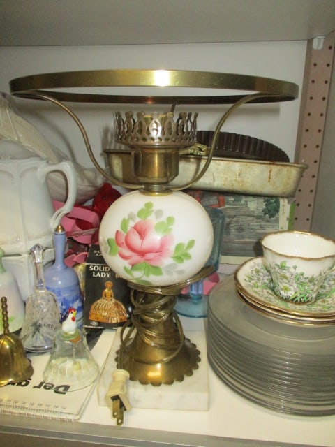 Shelf Lot - Porcelain Electrified Oil Lamp, Glass Plates, Bells, Cookware, - 3