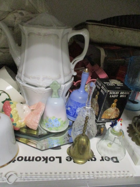 Shelf Lot - Porcelain Electrified Oil Lamp, Glass Plates, Bells, Cookware, - 4
