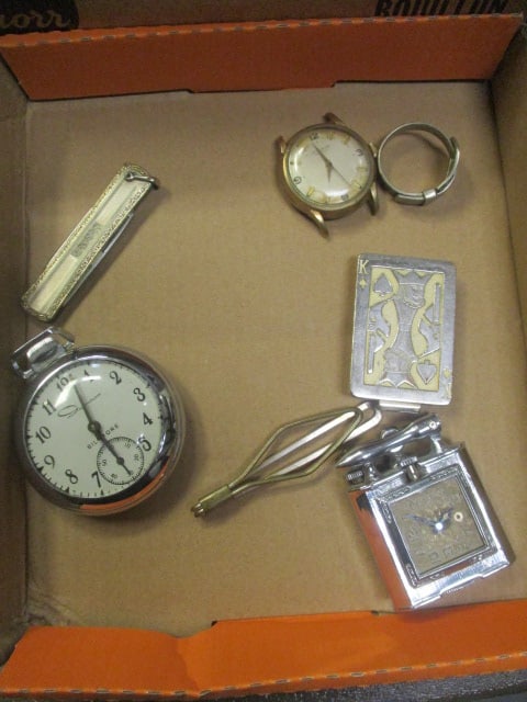 Lot of Vintage Men's Watch Faces, Money Clip, Ring, and Tie Clips: includes Ingraham "Biltmore" Pocket Watch - ticks and winds