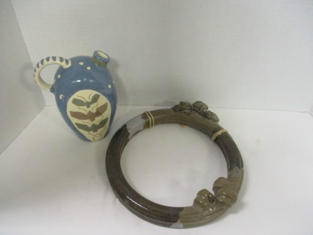 Studio Art Pottery Pitcher and Circular Wall Pocket - Both Signed: 7 1/2" and 11"