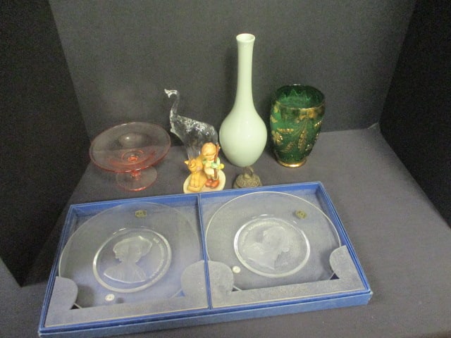 Grouping of Val St. Lambert (Belgium) Plates, Hummel Figurine, Glass Elephant, (1 of 11)