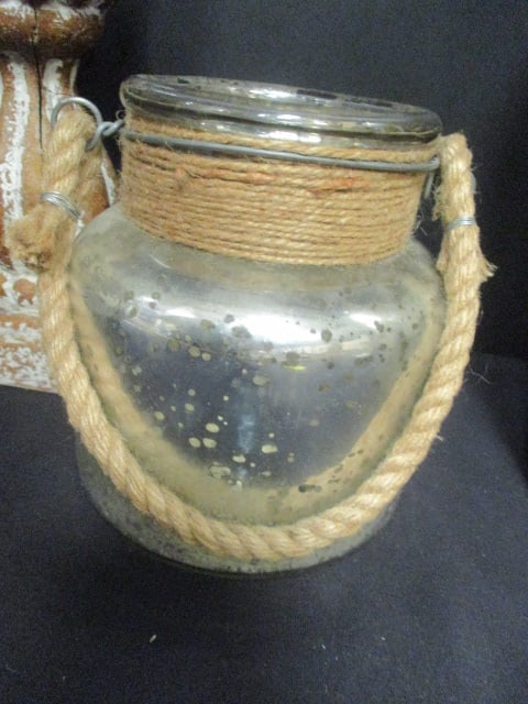 2 Rustic Mercury Glass Finished with Rope Handle Jars and Wood and Glass - 4
