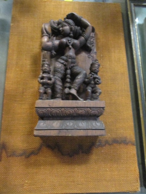 Vintage Handcarved Indian Wood Sculpture Mounted on Burlap Covered Board: 13" x 21", tears and stains