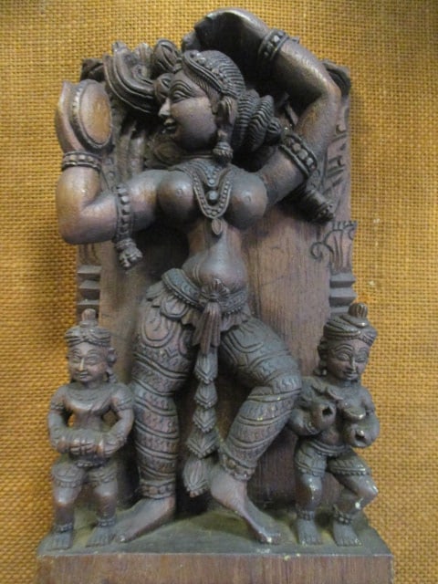 Vintage Handcarved Indian Wood Sculpture Mounted on Burlap Covered Board - 2