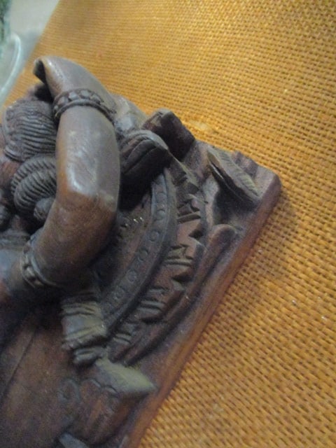 Vintage Handcarved Indian Wood Sculpture Mounted on Burlap Covered Board - 3