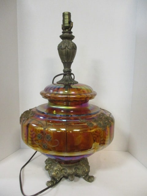 Vintage Embellished Amber Carnival Glass Table Lamp: 27", no shade