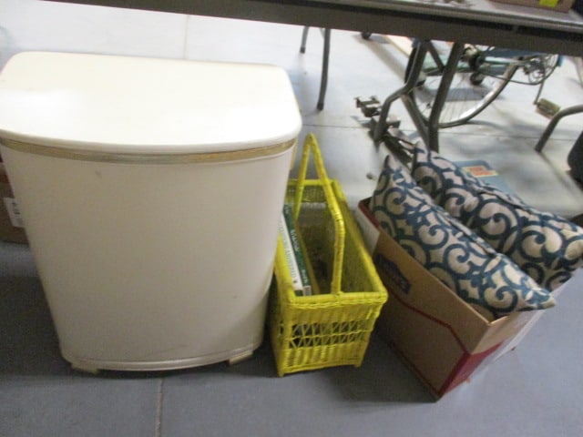 Vintage Wicker Flip-Top Hamper, Yellow Wicker Magazine Rack with: 2 Gardening Books, and Pair of Geometrical Design Throw Pillows