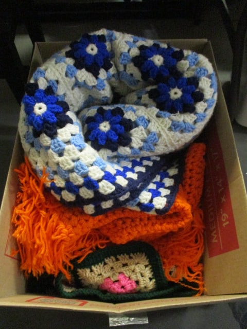 3 Vintage Handmade Knitted Afghan Blankets: see pictures and preview for selection and condition