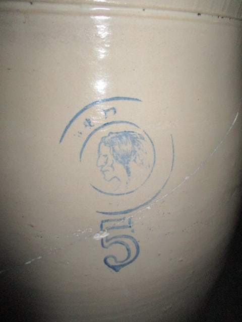 Antique Louisville Pottery Company "Blue Indian Head" 5 Gallon Stoneware - 6