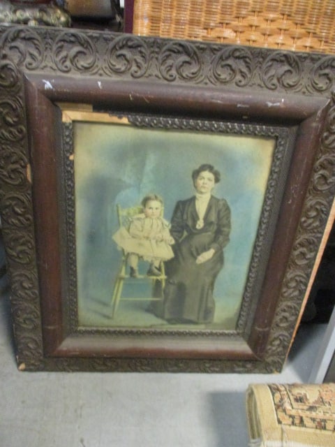 Antique Colorized Mother and Child Portrait in Ornate Wood Frame: 27 1/2" x 33", nicks and marks on frame, Local Pickup Only
