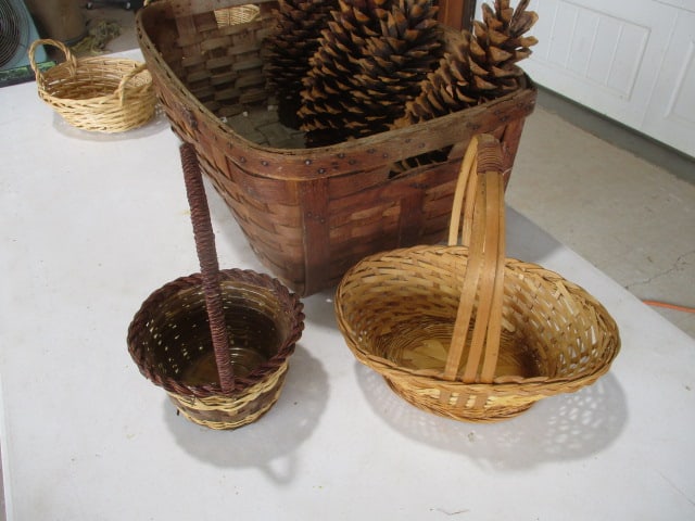Antique Split Oak Basket (25" x 10" x 15") With Large Pine Cones - 4
